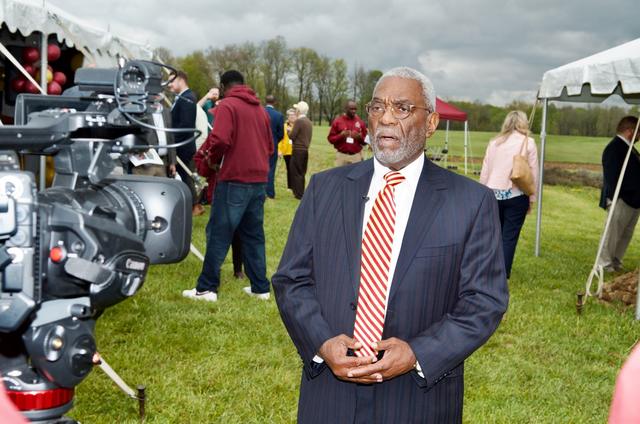 John Garland, President Emeritus at Central State University, is interviewed on camera at the Land-Grant open house and research facility groundbreaking